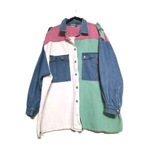 Vintage Color Block Denim Shacket Top Mens XL Hip Hop Streetwear 80s 90s Retro